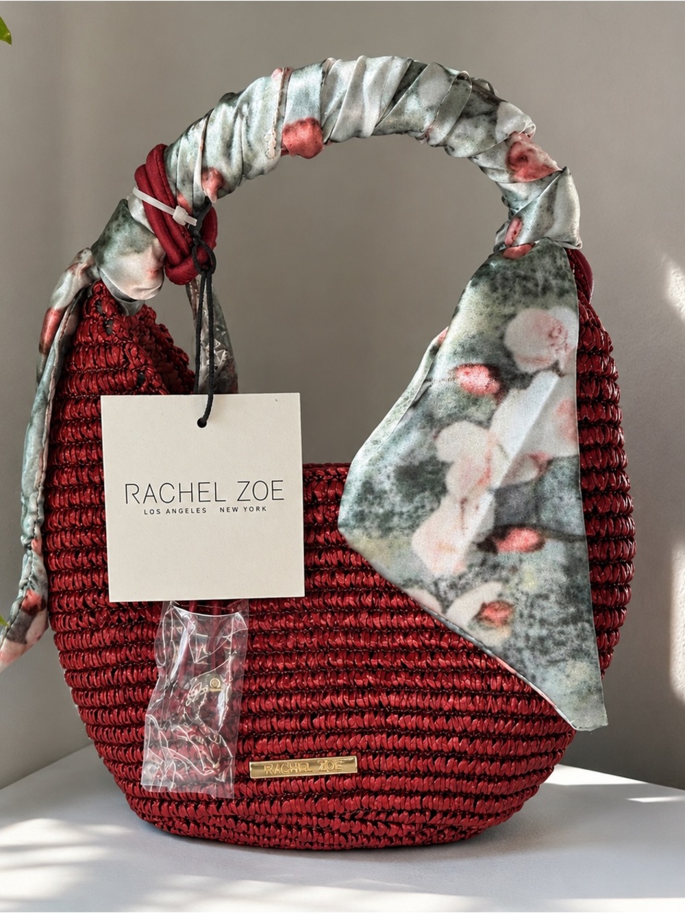 Rachel Zoe Red Woven Shoulder Bag with Floral Scarf Handle